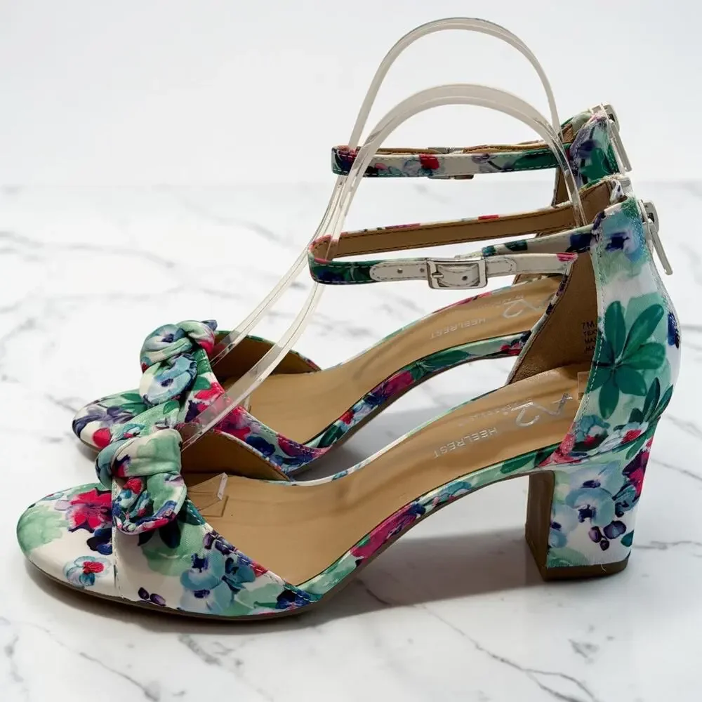 A2 by Aerosoles Bella Sandals 7M Watercolor Floral Block Heel Ankle Strap NIB